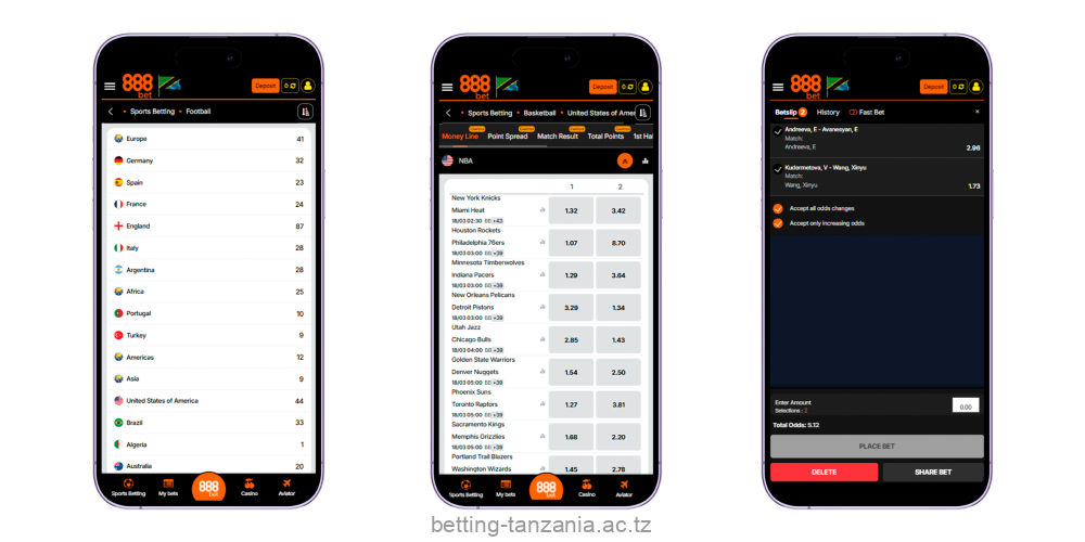 Users from Tanzania can deposit and bet on various sports through the 888bet app