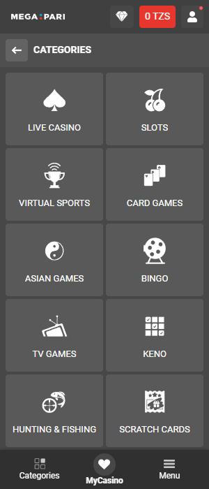 The Megapari app offers a large selection of casino games