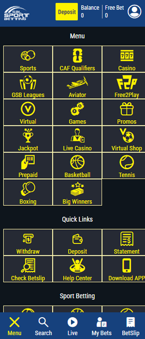 The menu allows you to quickly access many sections of the Gal Sport Betting Tanzania app